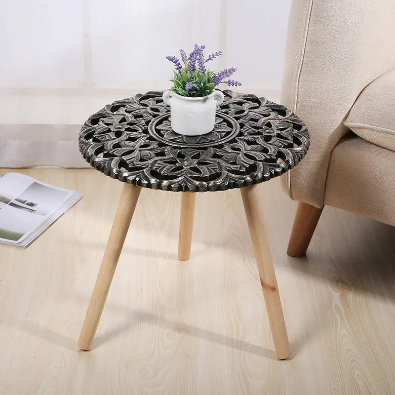 Nordic style Wholesale wooden Hollow out vintage patterns black coffee tables round new coffee tables