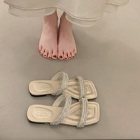 Chaussons d'été polyvalents à strass style coréen, à semelle plate et bout ouvert, pour femmes