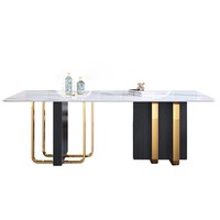 Juego de Mesa de Comedor de Mármol Blanco Italiano de Lujo Ligero con Vetas de Roca, Personalizable con Marco Metálico Dorado Opcional en Dos Colores