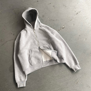 Sweat à capuche de luxe pour homme, coupe ample, double fermeture éclair, automne, 450 g/m², effet vieilli, lourd, 100 % coton tricoté, couleur unie - Product Image 2