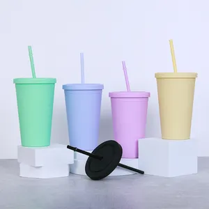 定制标志16盎司24盎司彩色可重复使用杯粉彩双壁亚克力塑料水瓶带盖子和吸管