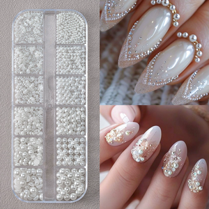 12 compartiments de perles blanches rondes/demi-rondes, breloques, perles caviar, strass et bijoux pour la décoration DIY des ongles - Product Image 5