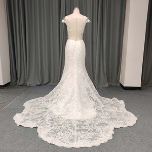 ANY243 Robe de mariée sirène moderne et glamour à manches courtes, avec broderie en dentelle, appliques florales en cristal, coupe ajustée et traîne chapelle longue - Product Image 4