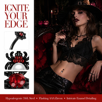 Anneau de nombril incurvé en acier inoxydable 316L 14G avec toile d'araignée noire, CZ rouge et perle acrylique, piercing à filetage interne