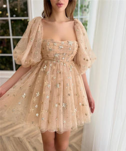 2023 Summer Elegant Custom Women Embellished Short Puff Sleeve Tulle <strong>Star</strong> Gilding Glitter Party Mini <strong>Dress</strong> - Product Image 3
