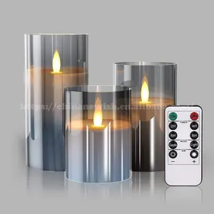 Kanlong 3D Real Flame Gold Grey Glass 2AA Battery Operated Christmas Flickering Flameless Led Candles Set With Remote Con