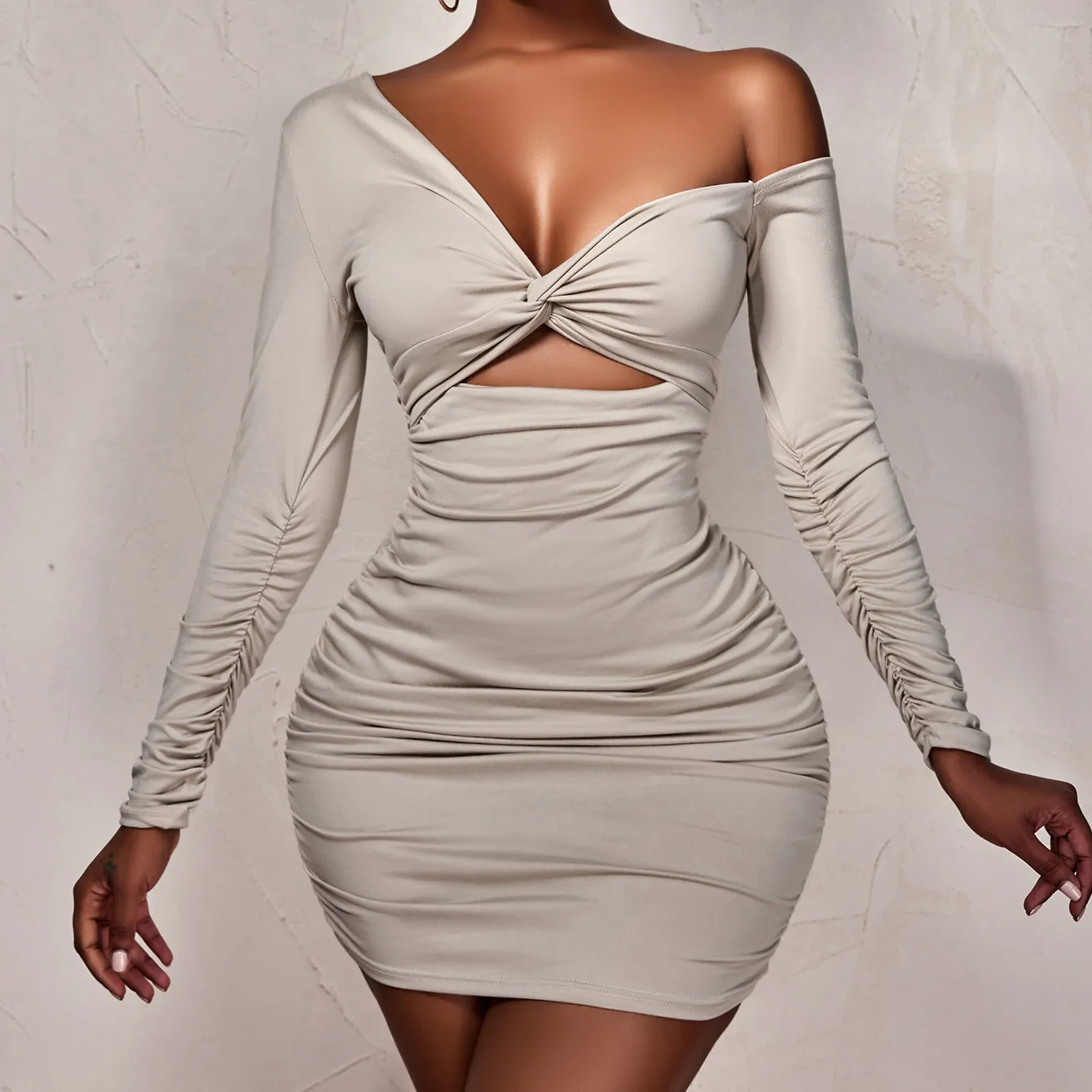 Women Flare Long Sleeve Beige Dress Fashion V Neck Robes Sexy Cut Out Party Club Asymmetrical Dress