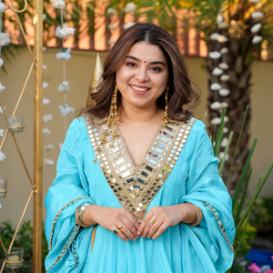 Light Blue Chinon <b>Shawl</b> Mirror Work Traditional Indian Pakistani Women's Wear <b>Wedding</b> Engagement Spring Summer Breathable - Product Image 5