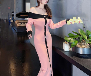 Vestito <span class=keywords><strong>monospalla</strong></span> <span class=keywords><strong>con</strong></span> Design americano Color block per donna <span class=keywords><strong>abito</strong></span> <span class=keywords><strong>lungo</strong></span> in maglia sottile <span class=keywords><strong>con</strong></span> <span class=keywords><strong>spacco</strong></span> nuovo stile autunnale per l'inverno - Product Image 3