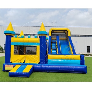 Château Gonflable Classique Bleu et Jaune Combo 6x7m pour Fêtes, Aire de Jeu Gonflable avec Toboggan et Souffleur - Product Image 1