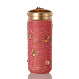 Caneca de viagem Acera Liven Honey Bee com cristais Cerâmica Artesanal com lindos desenhos abelhas douradas pintadas à mão