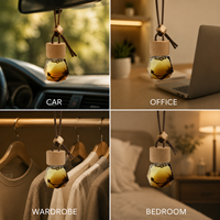 Diffuseur de parfum pour voiture en verre à facettes avec logo personnalisé, bouteille suspendue avec bouchon en bois et liquide parfumé à l'ambre, diffuseur de parfum pour voiture en bois