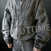Pull Vintage en Demin avec Épaules tombantes Personnalisé Délavé à l'acide Pull Graphique pour Hommes à Capuche Intégrale Zip up Retro Ninja Distressed Hoodie