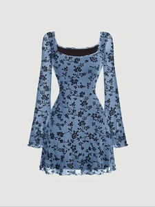 Abito a maniche lunghe da donna grazioso collo quadrato decorato con stampe floreali - Product Image 5