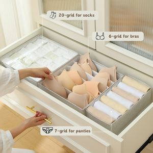 Organizzatore per biancheria intima e scatola in tessuto a 20 griglie per armadio e cassettone pieghevole con manico in pelle - Product Image 2