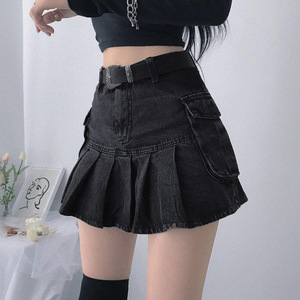 Jeans Mini <span class=keywords><strong>falda</strong></span> Goth Denim Faldas plisadas con bolsillos grandes Mujer Chica Verano Punk Y2K Negro Faldas Cintura alta Moda coreana - Product Image 1