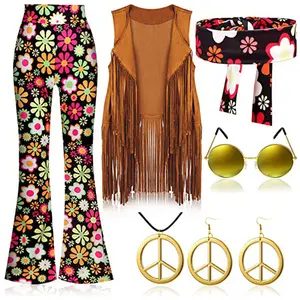 Halloween Hippie Zubehör 70er Jahre Kostüm Outfits Fransen Weste 60er Jahre Jahrzehnte Kleidung Hosen Hippie Brille Stirnbänder Blumen krone