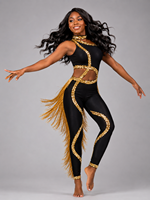 Costume de danse personnalisé pour femmes, combinaison à franges en sequins noirs et dorés, tenue de spectacle sur scène