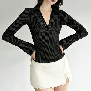 Blusa Elegante de Mujer con Cuello en V, Manga Larga, Cintura Ajustada y Rayas Tejidas, Estilo Francés para Oficina - Product Image 4