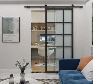 Porte de séparation coulissante en verre trempé, Style Loft français, cadre en métal noir transparent avec Kit de quincaillerie