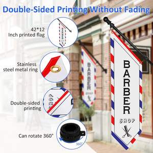 علم صالون حلاقة مثلث الشكل مزدوج الجوانب مع طقم عمود مفتوح وحامل جداري للاستخدام الخارجي، مصنوع من البوليستر السميك ثلاثي الطبقات، لافتة حلاقة للأعمال التجارية - Product Image 4