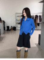 Cardigan en cachemire tricoté personnalisé bleu Klein uni avec fermeture éclair et revers, manteau pull d'hiver pour femme