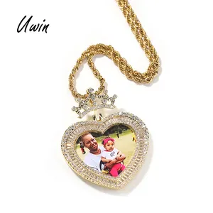 Personalizado Baguette CZ corazón imagen colgante collar corona Bail DIY foto colgante moda memoria medallón colgante joyería - Product Image 1