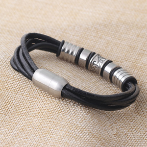 Men's <b>Black</b> Leather <b>Wrap</b> Bracelet With Stainless Steel Beads And Magnetic Clasp For Gift Jewelry - Product Image 4