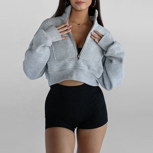 Nuova Collezione: Felpa Corta con Mezza Zip, Premium in Cotone Felpato Spesso, con Fori per i Pollici, Pullover con Cappuccio da <span class=keywords><strong>Donna</strong></span> - Product Image 1