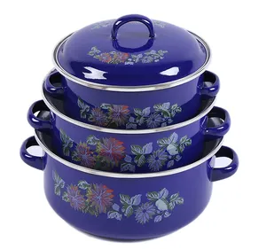 110ED Stok Pabrik Murah Yiwu Grosir Besi Cetakan Biru Parini Peralatan Masak Casserole Enamel Set Panci Masak