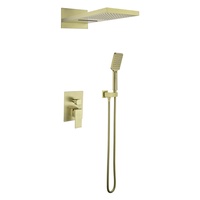 Système de douche 2 voies en or brossé à montage mural, avec pommeau de douche rectangulaire large, fonction cascade, robinet encastré et douchette carrée, ensemble de douche pluie