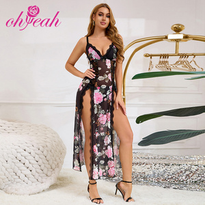 Ensembles de Lingerie Nuisettes Babydoll Longues Fendues en Dentelle et Maille, Imprimé Floral de Luxe, Sexy avec Logo ODM pour Femmes - Product Image 1