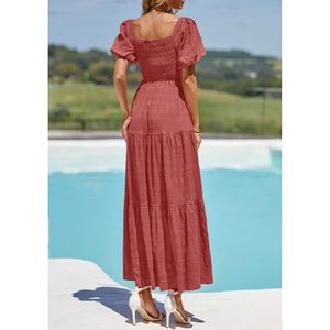 Robe longue d'été pour femme à manches bouffantes, col carré, froncée, à volants, coupe trapèze, respirante et fluide, idéale pour la plage - Product Image 2