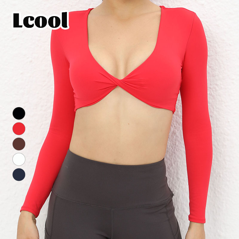 Lcool Custom Logo Athletic Cross Twist Front Workout Gym Sports Fitness Running Yoga Long Sleeve Activewear Crop Top for Womens
