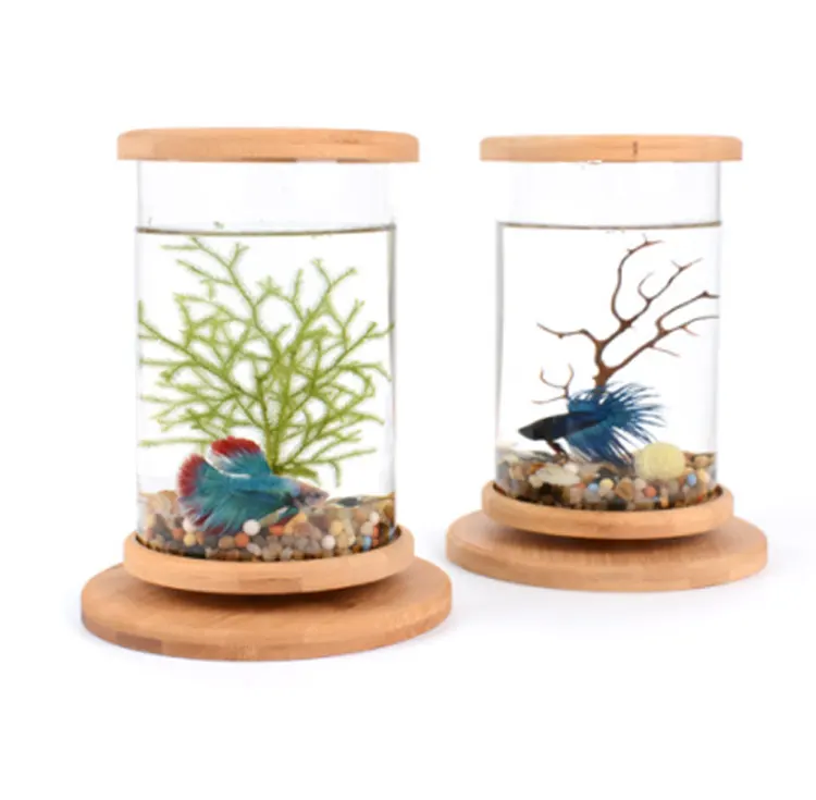 Hot selling home decoration small desktop glass fish tank transparent round small aquarium