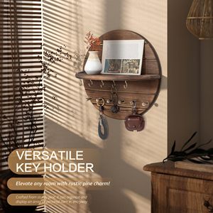 <span class=keywords><strong>Porte</strong></span>-clés mural rond en <span class=keywords><strong>bois</strong></span>, organiseur de courrier pour entrée, étagère flottante murale, crochets multiples, décoration murale vintage style ferme - Product Image 3