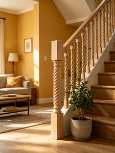 Balustre d'escalier traditionnel en bois massif EFS avec design torsadé pour rampes, fixation au sol, durable, garantie 1 an - Product Image 1