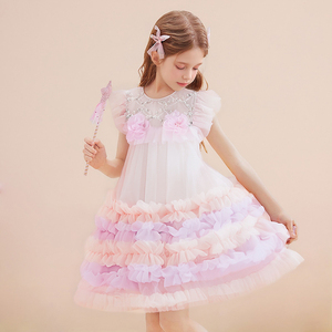 <span class=keywords><strong>Vestito</strong></span> in Tulle Sfumato Rosa e Viola per Bambine, Abito Tutu con Fiori 3D e Volant, Abbigliamento <span class=keywords><strong>da</strong></span> Principessa per Feste - Product Image 3