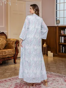 Floral Print Silk Abaya <b>Dress</b> With Stand Collar <b>Long</b> Sleeve Floor Length Modest Style <b>For</b> Women Daily Wear sequin stitching - Product Image 4