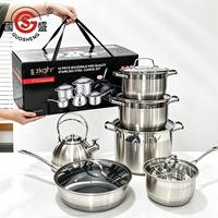 Ensemble de 12 ustensiles de cuisine en acier inoxydable avec bouilloire, fond composite 9 plis, casseroles, poêles, bouilloire, ensemble complet de cuisine, coffret cadeau