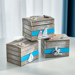 Ocean-themed Wooden <b>Storage</b> Box Set Rectangular Stackable Mediterranean-style Decorative Ornament Living Room <b>Tabletop</b> Prop - Product Image 1
