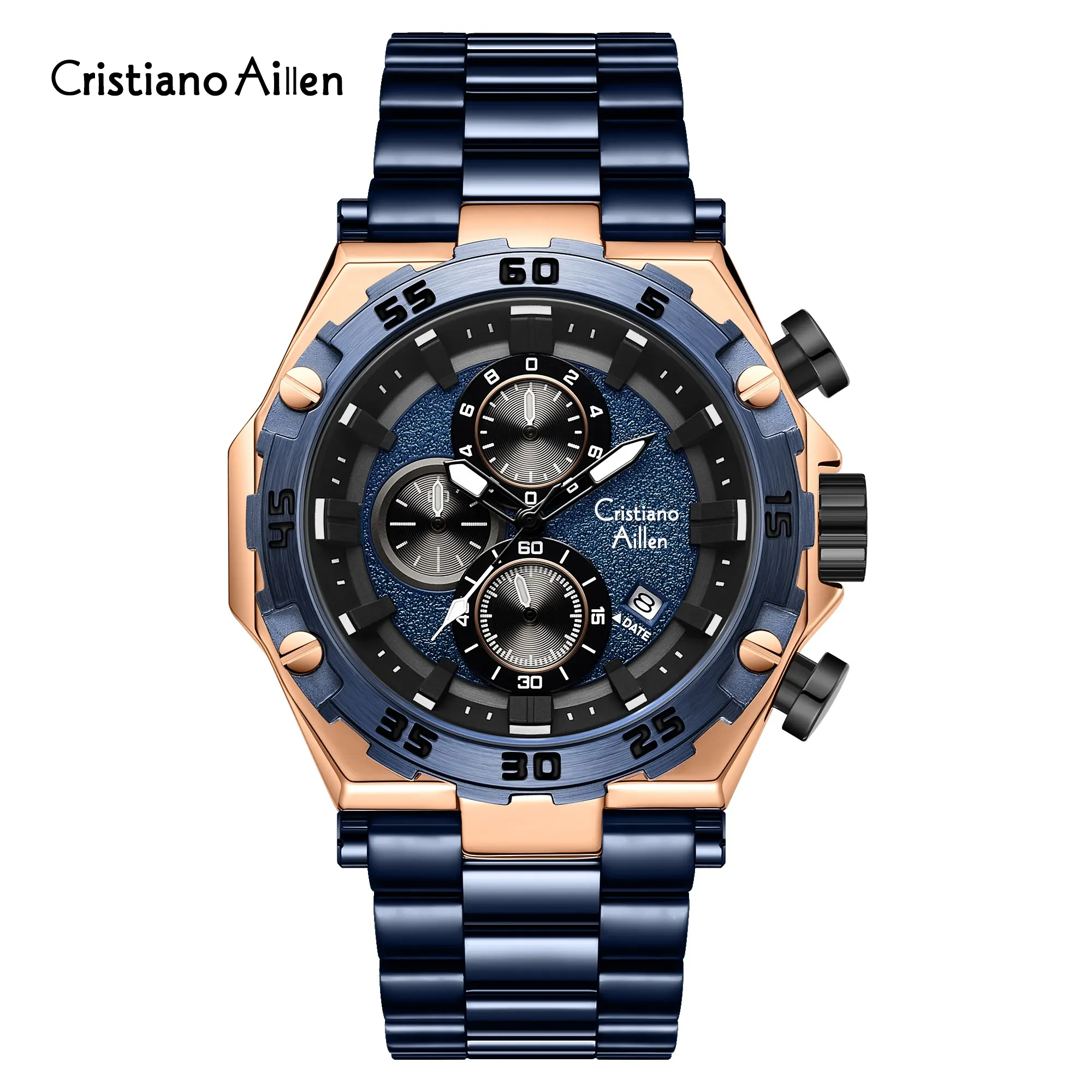 Cristiano Aillen Men's Watch Waterproof Large Quartz dial Steel Band Timing Watch Fashionable Night Glow Sports Men's Watch