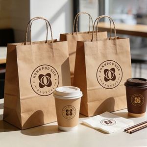 Custom Paper <b>Bags</b> for Food Restaurant Carryout Eco Friendly Compostable Paper <b>Bag</b> With Reinforced Bottom and Flat Handle - Product Image 2