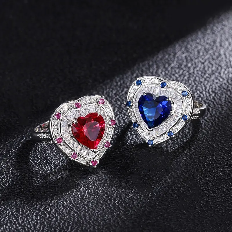 Cute Heart Shape Lab Sapphire Ruby Stone Ring Female Silver Color Engagement Wedding Bridal Rings Gifts