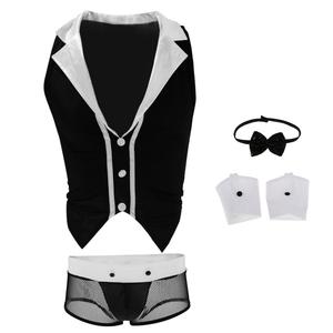 4 pezzi da uomo Sexy smoking Lingerie Kit Costume festa di Halloween papillon completo taglie forti in pelle - Product Image 3