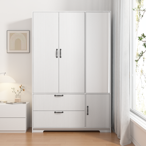 [US Stock] 4 Doors Wooden <strong>Wardrobe</strong> Storage Cabinet <strong>With</strong> Hanging Rod <strong>and</strong> Adjustable <strong>Shelves</strong> Fast Shipping From US MOQ 1 - Product Image 1