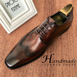 Chaussures Oxford montantes pointues en cuir véritable italien pour hommes, faites à la main, brodées et sculptées, avec trois connecteurs - Product Image 1