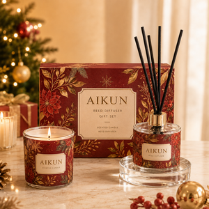 Aikun Red Botanical Pattern Custom Packaging Bulk Order Seasonal Box Reed Diffuser <b>Candle</b> Fragrance <b>Gift</b> <b>Set</b> for Home Decor - Product Image 1