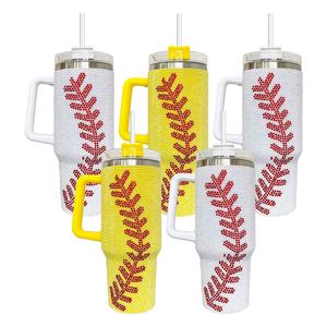 Full Wrap Stainless Steel White Yellow <b>Thermos</b> <b>Bottle</b> Cup Rhinestone Baseball Print Bling Tumbler - Product Image 2