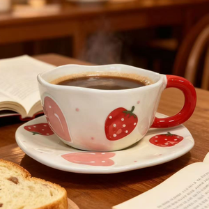Set Tazza <span class=keywords><strong>da</strong></span> <span class=keywords><strong>Caffè</strong></span> e Tè con Piattino in Ceramica Irregolare Fatta a Mano Stile Retrò Giapponese con Motivo Stampato Unico - Product Image 2